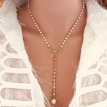 Ins Modes Salds korejiešu Stilā, Pērļu Imitācijas Clavicle Kaklarota Sievietēm Personības Ķēdes Priekšgala mezgls Rhinestone Kulons, Kaklarota