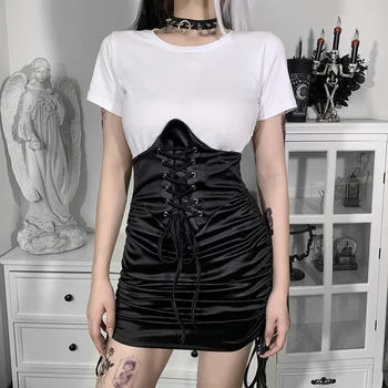 InsDoit Gothic Augsta Vidukļa Vasaras Mini Svārki Sieviešu Vintage Streetwear Modes Aukliņu Mežģīnes Up Svārki Seksīga, Elegants, Īsi Svārki