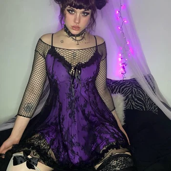 InsDoit Mall Gothic Black Violeta Kleita Sievietēm Vasarā Sexy Vintage Mežģīņu Kleita Bez Piedurknēm Estētisko Elegantu Augstu Vidukļa Puse Kleita