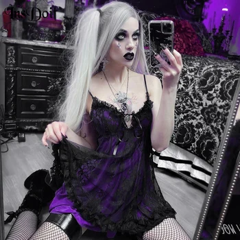 InsDoit Mall Gothic Black Violeta Kleita Sievietēm Vasarā Sexy Vintage Mežģīņu Kleita Bez Piedurknēm Estētisko Elegantu Augstu Vidukļa Puse Kleita