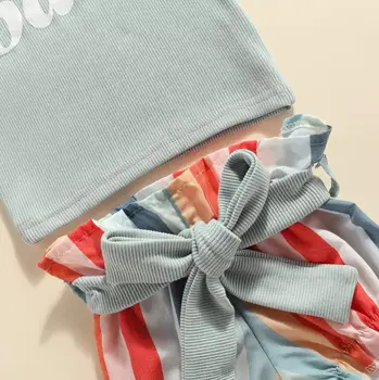 Ir 2021. Baby Meitenes Vasaras Apģērbu Komplekts bez Piedurknēm Tvertnes Bow Josta Vertikālas Svītras Varavīksnes Modelis Šorti Vasaras Apģērbu Komplekts 0-24M