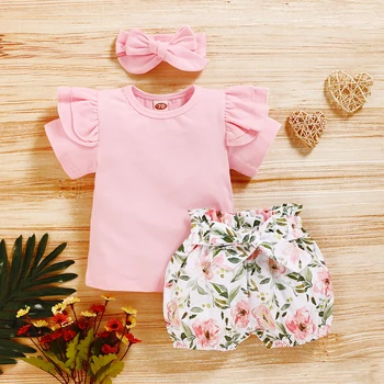 Ir 2021. Bērnu Vasaras Jauns Apģērbu Zīdaiņiem Baby Girl Apģērbu Komplekts Īsām Piedurknēm Top Mežģīņu T-Krekls+Ziedu Tutu Bikses+Galvas 3Pcs Apģērbs