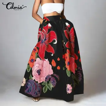 Ir 2021. Celmia Bohēmijas Augsta Vidukļa Svārki Sieviešu Ziedu Iespiests-Line Maxi Svārki Modes Gadījuma Zaudēt Vintage Sieviešu Puses Svārki