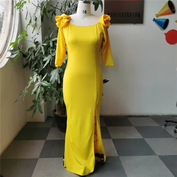 Ir 2021. Eleganta Kleita Sieviete Plus Lieluma Dzeltenā Grīdas Garums Maxi Vestidos Sexy Puse Nakts Kluba Vakarā 3XL Puse Off Plecu Kleita