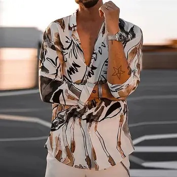 Ir 2021. Etnisko Stilu Iespiesti Krekls Vīriešiem Atloks High Street Pogu Vintage Camisa Garām Piedurknēm Vīriešu Havaju Krekli