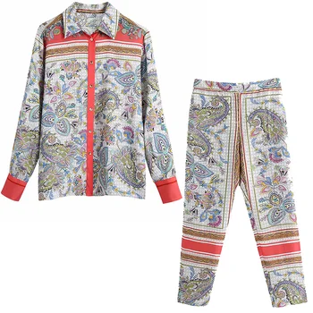 Ir 2021. Jaunas Sievietes 2 Piece Set Print Krekls un Bikses Blūze Platas Bikses Eleganta, Mājīga Sieviete Pidžamas stila Apģērbu Komplekti
