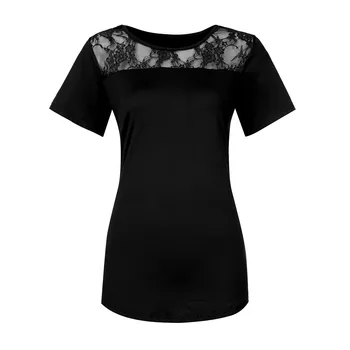 Ir 2021. Jauno Vasaras drēbes Sieviešu Modes Mežģīnes Cietā Līmēšana O-veida Kakla Plus lieluma Īsām Piedurknēm T-Krekls Topi