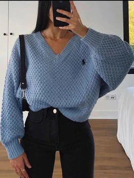 Ir 2021. jauns džemperis modes sexy v-neck zaudēt sieviešu top adītie pienains balts džemperis sieviešu adīt džemperi sieviešu apģērbs