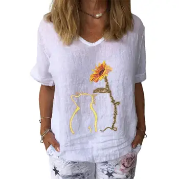Ir 2021. Jauns Sieviešu T-krekls ar V veida Kakla Kaķi Ziedu Drukāt Īsām Piedurknēm Zaudēt Blūze Top Streetwear Vasaras