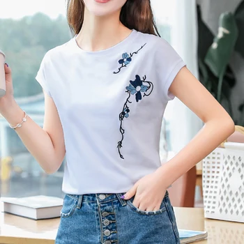 Ir 2021. Jaunu Kokvilnas Sieviešu T-krekls Drēbes Ierašanās O-veida kakla Vasaras Topi ar Īsām Piedurknēm Gadījuma Izšuvumi Sieviešu T Plus Lieluma 8621 50