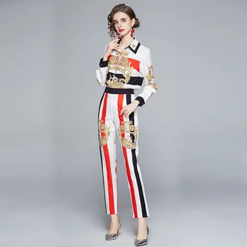 Ir 2021. Jaunā Pavasara Modes Skrejceļa Komplekti Sievietēm, Elegants ar garām Piedurknēm Drukāt Blūze un Bikses, Uzvalks, 2 Gabals atbilstības Komplekti Vintage Apģērbs