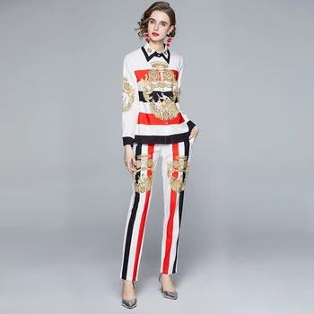 Ir 2021. Jaunā Pavasara Modes Skrejceļa Komplekti Sievietēm, Elegants ar garām Piedurknēm Drukāt Blūze un Bikses, Uzvalks, 2 Gabals atbilstības Komplekti Vintage Apģērbs