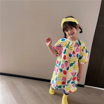 Ir 2021. Jaunā Pavasara Vasaras Bērnu Apģērbu Meitenes Princese Korejas Modes Karikatūra Augļi Drukāt Kokvilnas Kleitas