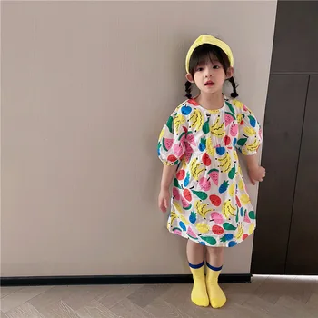 Ir 2021. Jaunā Pavasara Vasaras Bērnu Apģērbu Meitenes Princese Korejas Modes Karikatūra Augļi Drukāt Kokvilnas Kleitas