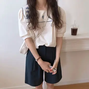 Ir 2021. korejas Elegants Vintage Apaļu kakla Izšūta Blūze ar Īsām Piedurknēm Blūzes, Sieviešu Ikdienas Topi Brīvs Apģērbs Vasaras Blasas 13651