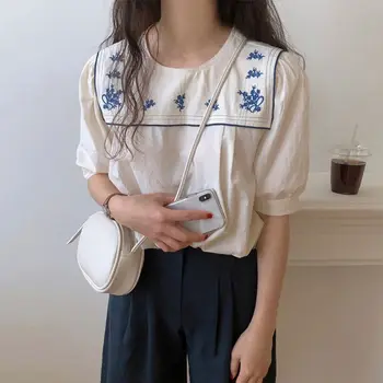 Ir 2021. korejas Elegants Vintage Apaļu kakla Izšūta Blūze ar Īsām Piedurknēm Blūzes, Sieviešu Ikdienas Topi Brīvs Apģērbs Vasaras Blasas 13651