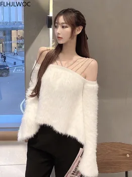 Ir 2021. Korejas Šiks Topi Sieviešu Modes Slinks Stilu Zaudēt Bling Zeķu Balts Adīts Puloveri, Džemperi Sexy Pie Pleca Džemperi