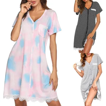 Ir 2021. Modes Sleepwear Sievietēm, Brīvs Krekls Nakts Kleita Naktskrekls V-Veida Kakla Īsām Piedurknēm Svītru Sexy Mežģīņu Mājas Mini Kleita Pidžamas