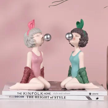 Ir 2021. Mūsdienu Bubble Gum Meitene Statuetes Sveķu Skulptūru Rozā Bowknot Meitene Modes Home Dekorēšanas Piederumi Rakstāmgalda Rotājumi Jaunas