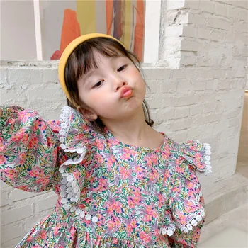 Ir 2021. Pavasara Jaunu Mazā Princese Ziedu Ruffles Blūzes korejiešu stilā Cute Kids Meiteņu Kokvilnas Ilgtermiņa Piedurkne Krekli, Topi