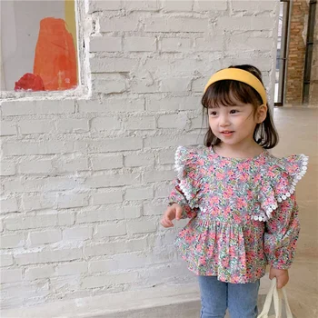 Ir 2021. Pavasara Jaunu Mazā Princese Ziedu Ruffles Blūzes korejiešu stilā Cute Kids Meiteņu Kokvilnas Ilgtermiņa Piedurkne Krekli, Topi