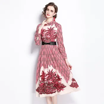 Ir 2021. Pavasara Modes Skrejceļa Vakara Kleita Sieviešu Elegants ar garām Piedurknēm Lapu Drukas Jostas Gadījuma Sieviešu Midi Kleitu Vestidos