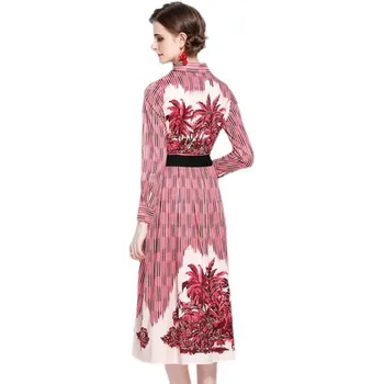 Ir 2021. Pavasara Modes Skrejceļa Vakara Kleita Sieviešu Elegants ar garām Piedurknēm Lapu Drukas Jostas Gadījuma Sieviešu Midi Kleitu Vestidos