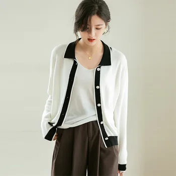 Ir 2021. Pavasara Rudens Korejiešu Stilā, Sieviešu Trikotāžas Džemperi Modes Melna Balta Vintage Adīta Jaka Sieviešu Topi Ar Garām Piedurknēm