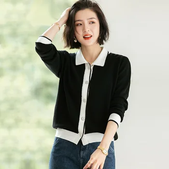 Ir 2021. Pavasara Rudens Korejiešu Stilā, Sieviešu Trikotāžas Džemperi Modes Melna Balta Vintage Adīta Jaka Sieviešu Topi Ar Garām Piedurknēm