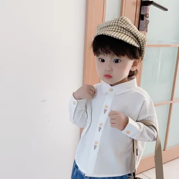 Ir 2021. Pavasara Vasaras Krekli Jaunā Baltā Blūze korejas Svītrainu Apģērbu ar garām Piedurknēm Topi Zēnu un Meiteņu Blūzes Bērnu Ikdienas Tunika