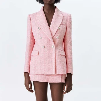 Ir 2021. Pavasarī, Rudenī Slim Elegantu V-kakla Modes Vienkāršu Jaunatnes Piestāv Rozā Dāma 2-gabals Bikses, Uzvalks OLA Stilu Formālās Kabatas Sieviete