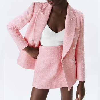 Ir 2021. Pavasarī, Rudenī Slim Elegantu V-kakla Modes Vienkāršu Jaunatnes Piestāv Rozā Dāma 2-gabals Bikses, Uzvalks OLA Stilu Formālās Kabatas Sieviete