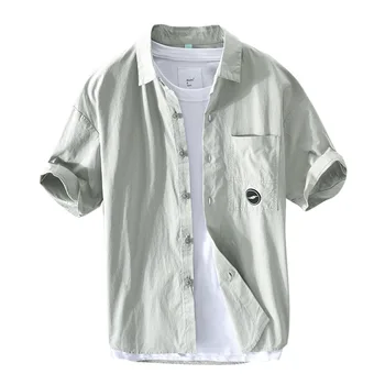 Ir 2021. Pavasarī un Vasarā Jaunu Vīriešu Kokvilnas Kritums Plecu Gadījuma Īss piedurknēm Krekls Safari Stila Pelēks Balts GA-Z159