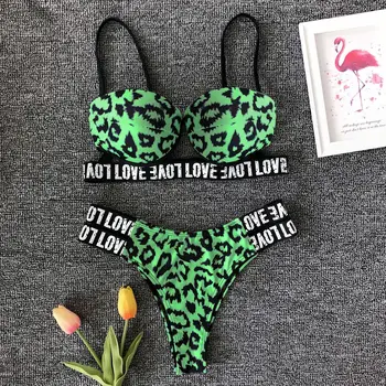 Ir 2021. Sexy Pārsējs Divi Gabali Bikini Komplekts Mīlestības Vēstuli Izdrukāt Sieviešu Push Up Peldkostīms Peldkostīmi Brazīlijas Mikro Zems Viduklis Peldkostīms