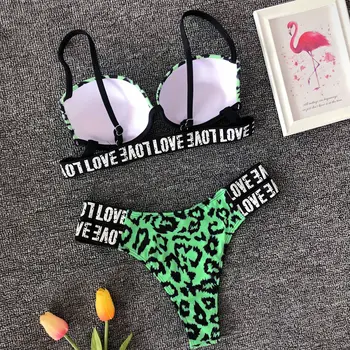 Ir 2021. Sexy Pārsējs Divi Gabali Bikini Komplekts Mīlestības Vēstuli Izdrukāt Sieviešu Push Up Peldkostīms Peldkostīmi Brazīlijas Mikro Zems Viduklis Peldkostīms