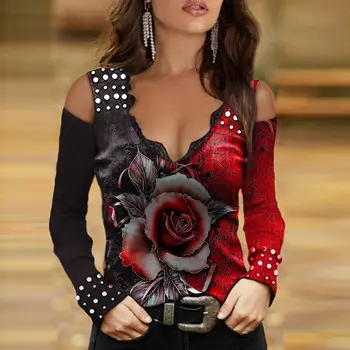 Ir 2021. Sievietes Sexy V Kakla Auksti Plecu Krekli, Topi Rožu Drukāt Y2K Sieviešu garām Piedurknēm T-Krekls Modes Gadījuma Brīvs Apģērbs