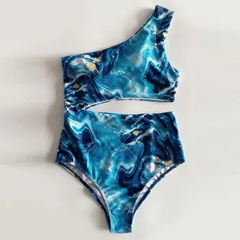 Ir 2021. Sieviešu Push Up Peldkostīms Bikini Komplekti Sexy Star Print Viens-Polsterēta plecu peldkostīms Brazīlijas Beachwear Peldkostīmi