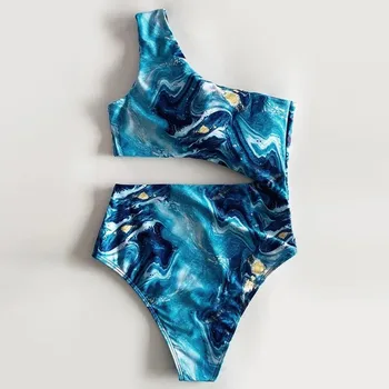 Ir 2021. Sieviešu Push Up Peldkostīms Bikini Komplekti Sexy Star Print Viens-Polsterēta plecu peldkostīms Brazīlijas Beachwear Peldkostīmi