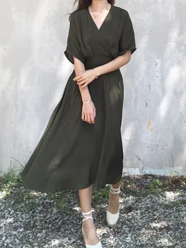 Ir 2021. Vasaras Dienvidkoreja Dongdaemun Vidukļa V-veida kakla Tendence Karaļa Māsa Modes slaveniem Sexy tīrtoņa Krāsu Īsām piedurknēm Kleita Sievietei