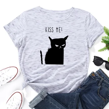 Ir 2021. Vasaras Grafiskais T Krekli Top Sieviešu T-krekls Gudrs Kaķis Vēstuli Izdrukāt TShirt Sievietes Kokvilnas O Apkakli, Īsām Piedurknēm Tees