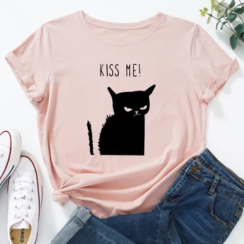 Ir 2021. Vasaras Grafiskais T Krekli Top Sieviešu T-krekls Gudrs Kaķis Vēstuli Izdrukāt TShirt Sievietes Kokvilnas O Apkakli, Īsām Piedurknēm Tees