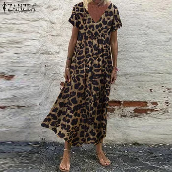 Ir 2021. Vasaras Leopards Izdrukāt Sundress ZANZEA Modes Puse Kleita Sieviešu V Kakla Īsām Piedurknēm Ilgi Vestidos Sieviešu Drēbes
