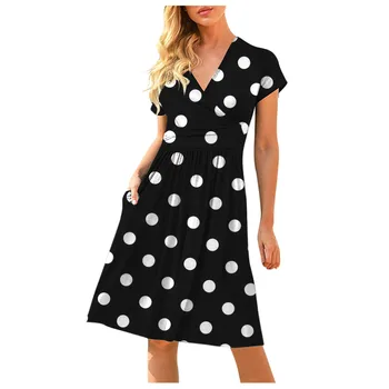 Ir 2021. Vasaras Sievietes Kleitu Modes Dot Leopard Pleds Daisy Printed Kleita Gadījuma Comfy V-veida Kakla Kabatas Īsām Piedurknēm Gara Kleita платье