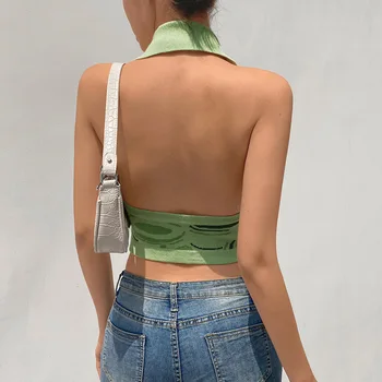 Ir 2021. Vasaras Sieviešu Drukāt bez Piedurknēm Y2K Pamata Trikotāžas T Kreklu Pogu Sexy Backless Ikdienas Apģērbu Streetwear Adīt Tvertne Apgrieztu Augšu