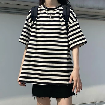 Ir 2021. vasaras Sieviešu harajuku Svītrains T-krekls ar īsām Piedurknēm O-veida Kakla T-Krekli ulzzang korejas Gadījuma lielgabarīta T Krekls Femme melns Tops