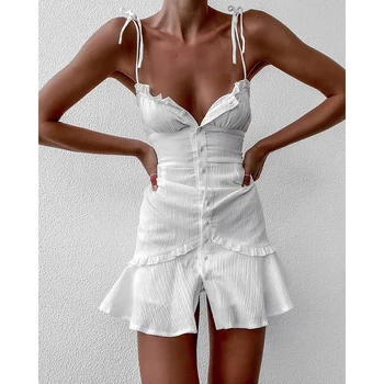 Ir 2021. Vasaras Sieviešu Modes Polsterēta Asimetrisks Bez Piedurknēm, Balta Sexy Cami Īss Mini Bodycon Kleitas Pasaku Puse Klubs Valkāt Drēbes