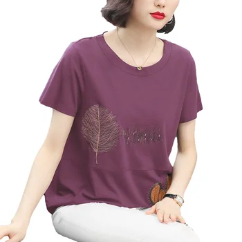 Ir 2021. Vasaras Sieviešu Tshirts Mīksti Kokvilnas ar Īsām Piedurknēm T-krekls Gadījuma Plus Lieluma Izšūti ar Īsām Piedurknēm T-krekls 4XL