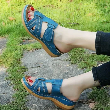Ir 2021. Vasaras Sieviešu Ķīlis Sandales Premium Ortopēdisko Open Toe Sandales Vintage Anti-slip Ādas Ikdienas Sieviešu Retro Platformas Kurpes