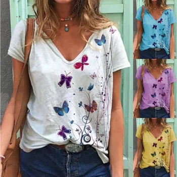Ir 2021. Vasaras T Krekls Sievietēm ar Īsām Piedurknēm V-veida Kakla Tauriņš Drukāt Topi Gadījuma Streetwear Zaudēt Dāmas Tee Plus Lieluma Kokvilnas Top 3XL