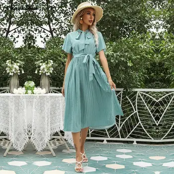 Ir 2021. Vasaras tauriņu Apkakli, Īsām Piedurknēm Kleitas Kroku Sieviešu Modes Elegantajā Zaļajā Midi Kleita Ar Jostu, Dzimšanas dienas svinības Apģērbi